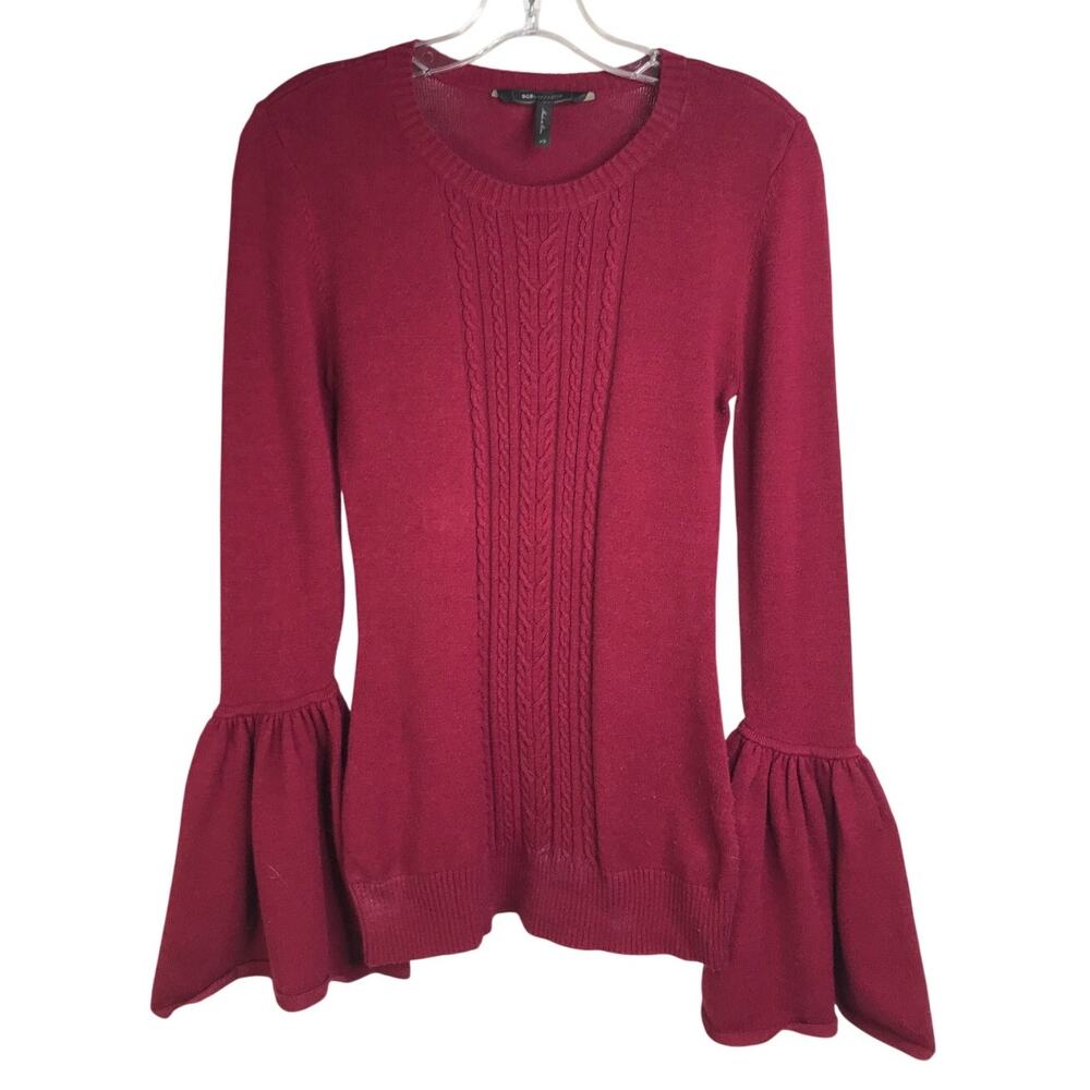 BCBG Maxazria Sweater‎ Sz XS GDI1X398 Maroon Cable Knit Bell Longsleeve Crewneck